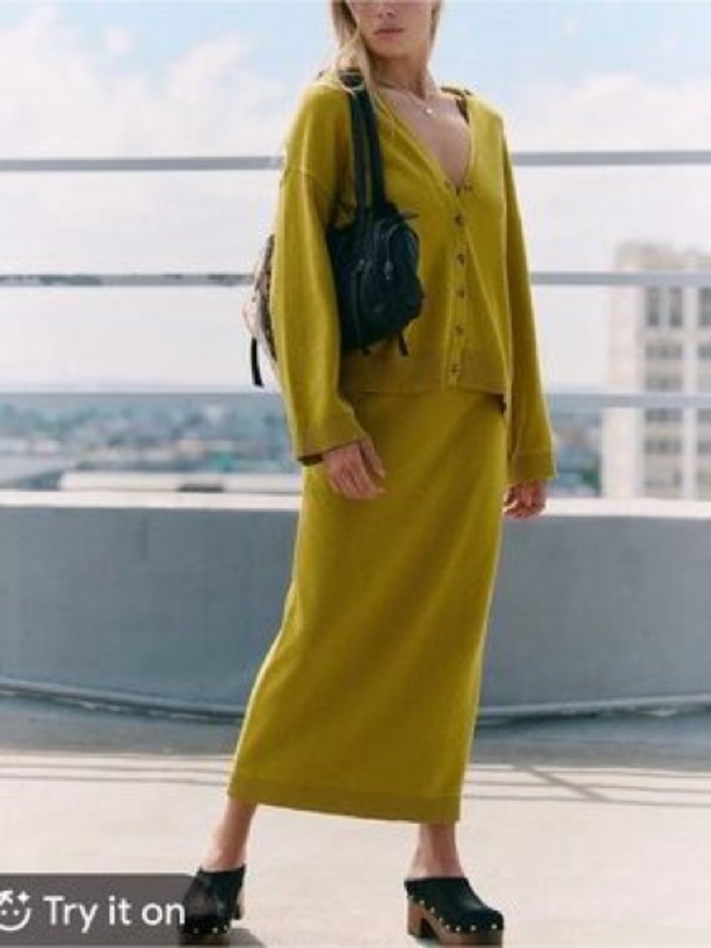 Free People Olive Green Maxi Skirt Set - Relaxed V-Neck Cardigan Combo